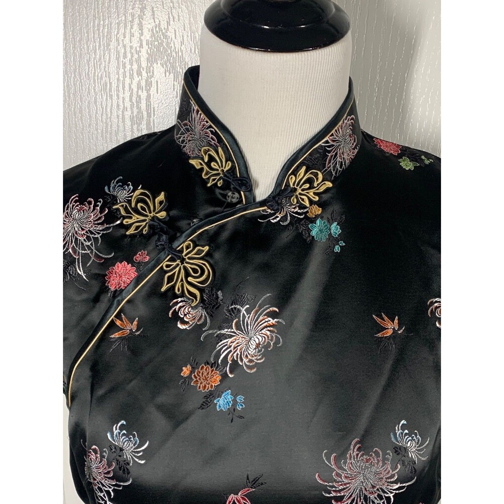 Vtg 70s Chinese Cheongsam Qipao Maxi Dress Black Floral Satin Rainbow Lining 38 - Picture 9 of 13